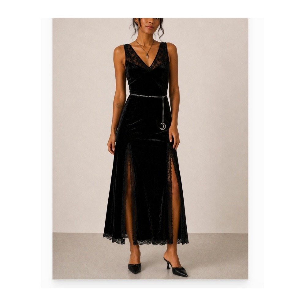 Cosmic Aura Black Crushed Velvet Lace Maxi Dress Moon Belt Fairy Goth MD
